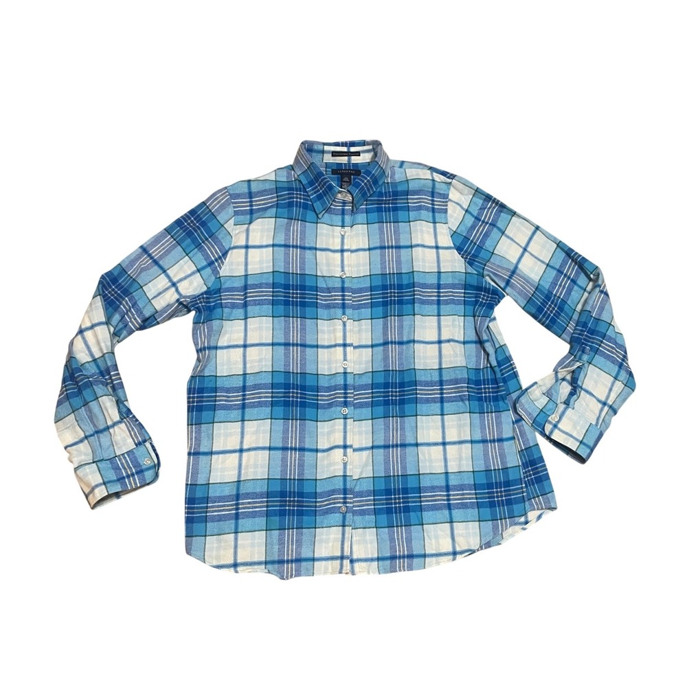 Lands End Portuguese Flannel Shirt Womens Large 14-16 Blue White Plaid Cotton